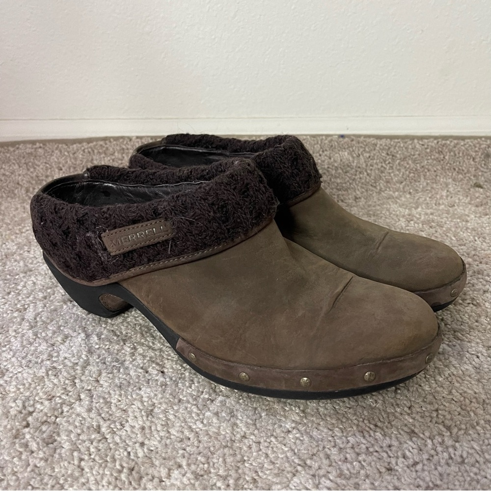 Merrell Womens Luxe Knit Bitter Chocolate Studded Leather Slip-On Shoe Clog